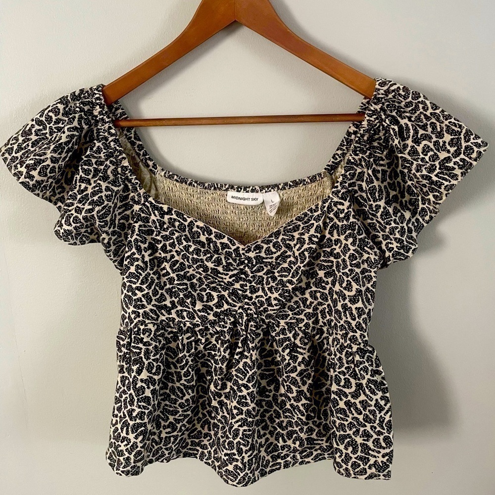 Midnight Sky Black|Beige Off The Shoulder Ruffle Ruched Back Blouse Sz Large